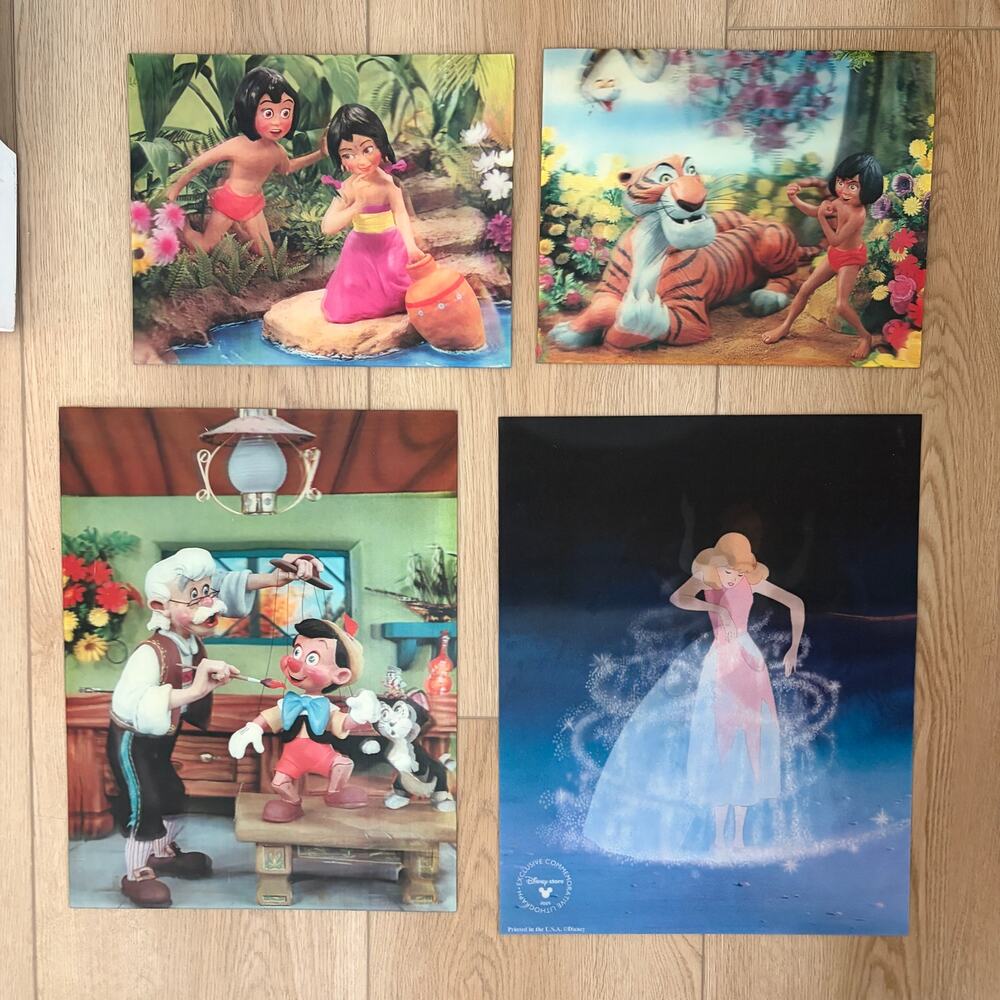 LOT 4 Vintage Walt Disney The Jungle Book, Pinocchio, Cinderella Lenticular Art